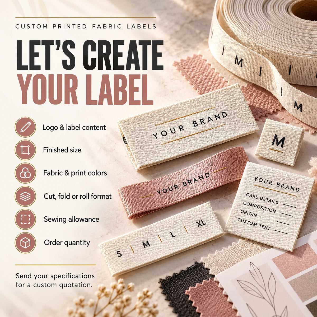 Printed label enquiry checklist covering artwork, dimensions, material, colours and order requirements