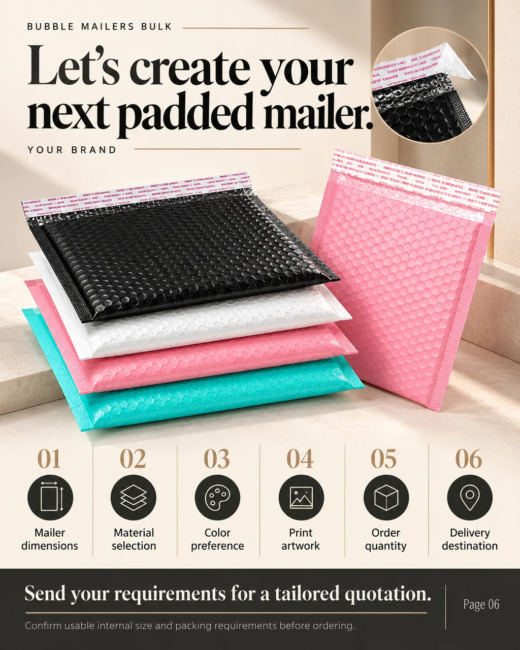 Black, white, pink and turquoise bubble mailers with a custom order specification checklist