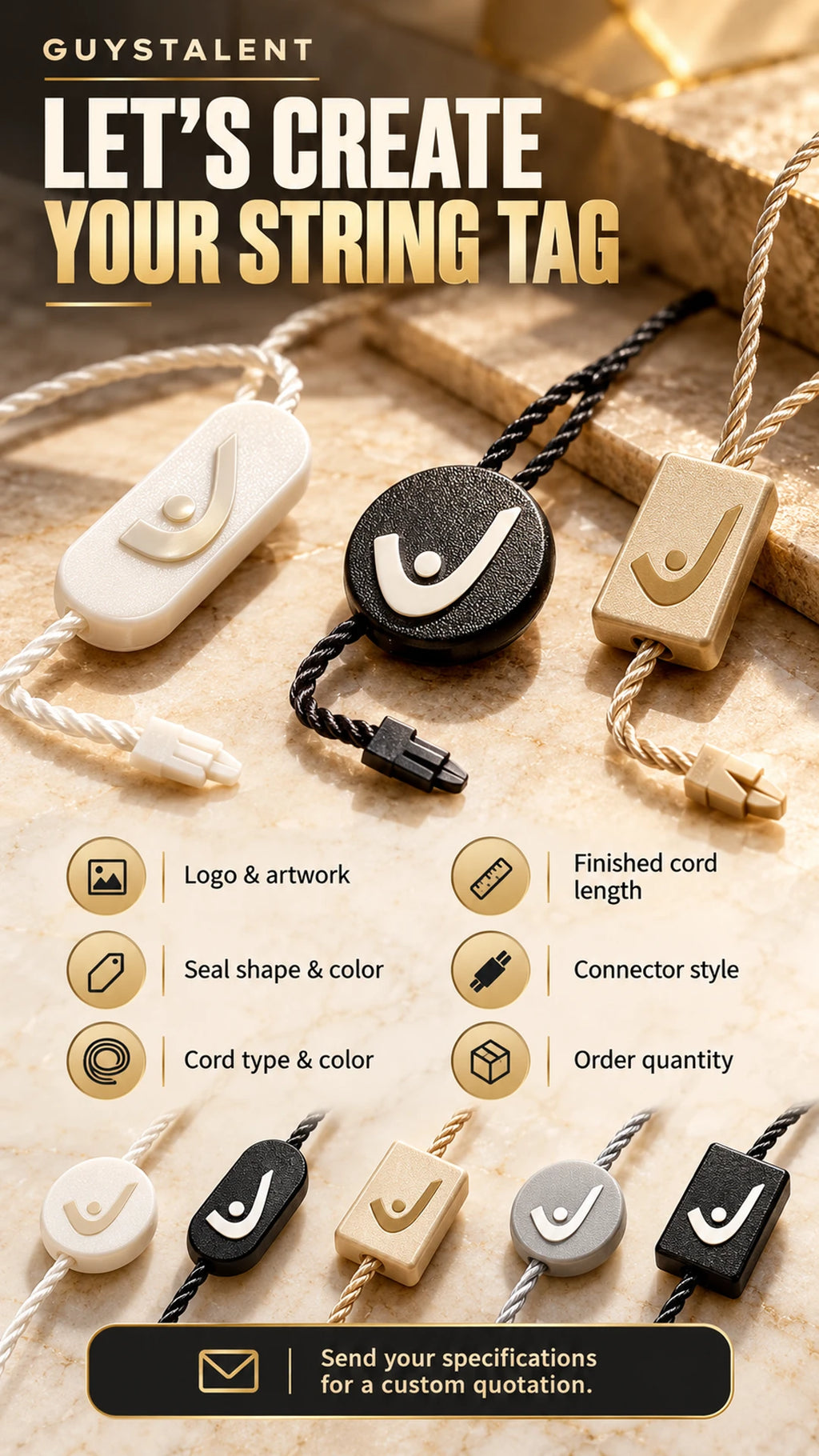 Custom plastic string tag inquiry guide outlining customization process and quotation steps