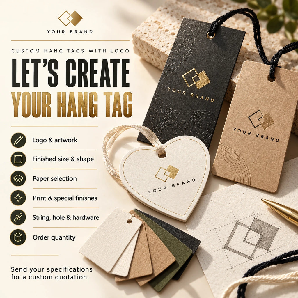 Hang tag inquiry guide showing logo, size, paper, finish, quantity and attachment requirements