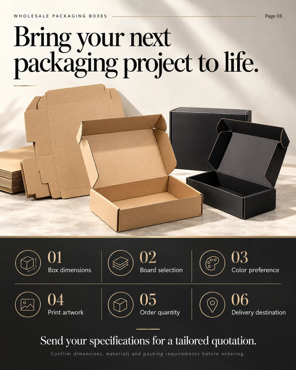Kraft and black mailer boxes with an order checklist for dimensions, board, color, artwork, quantity and delivery destination