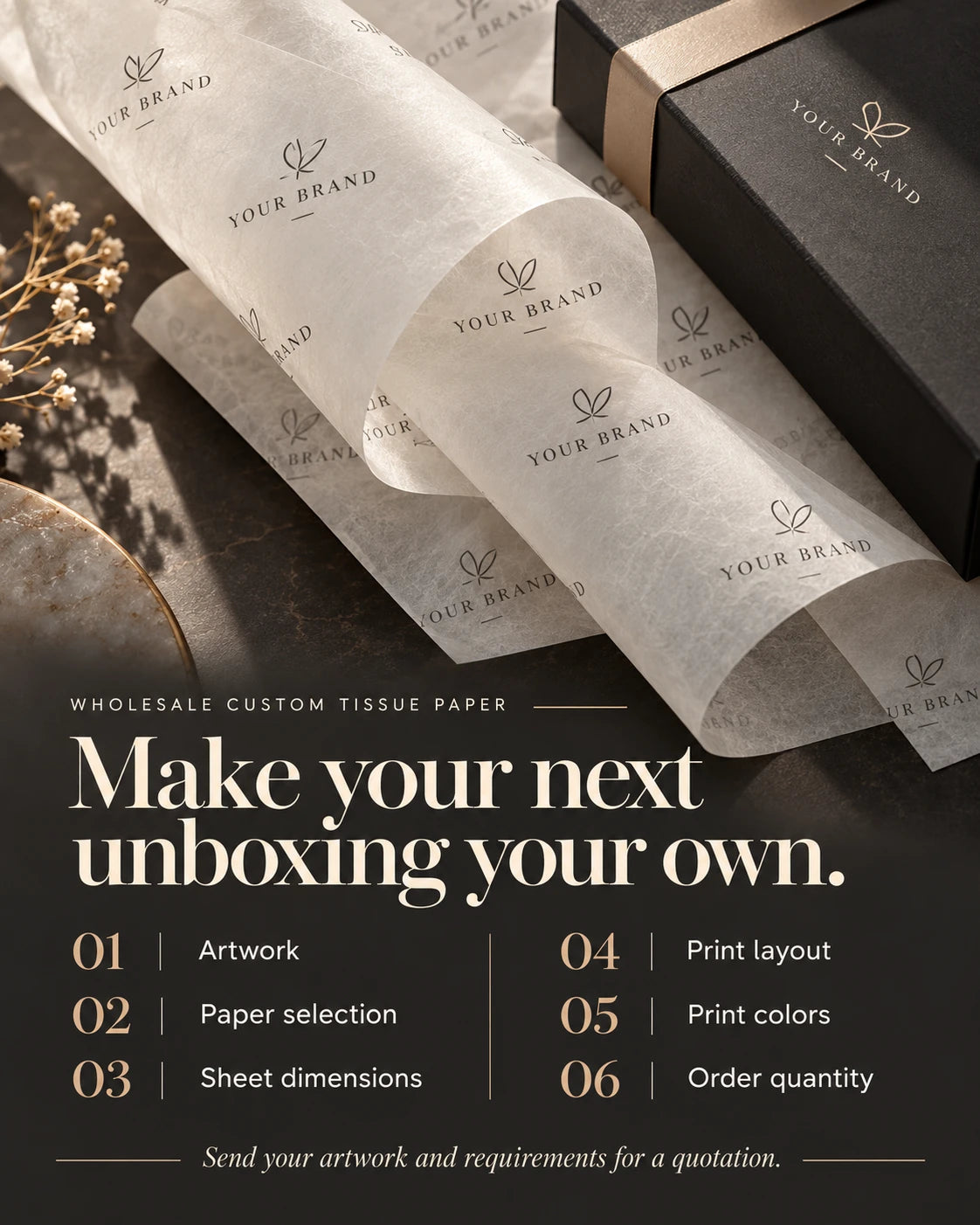 Branded white tissue paper beside a black gift box with a wholesale custom order specification checklist