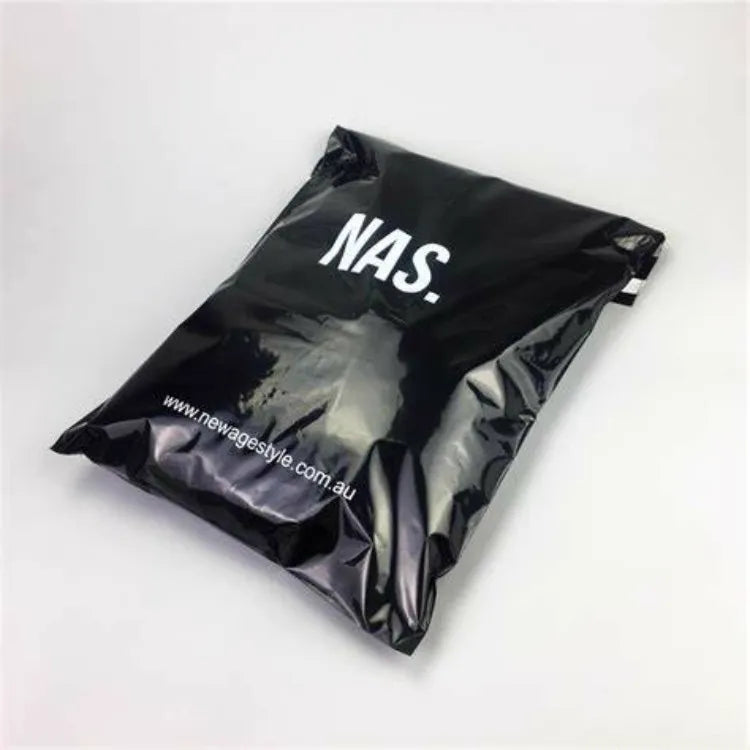 Black plastic shipping bag with white NAS lettering printed on the front