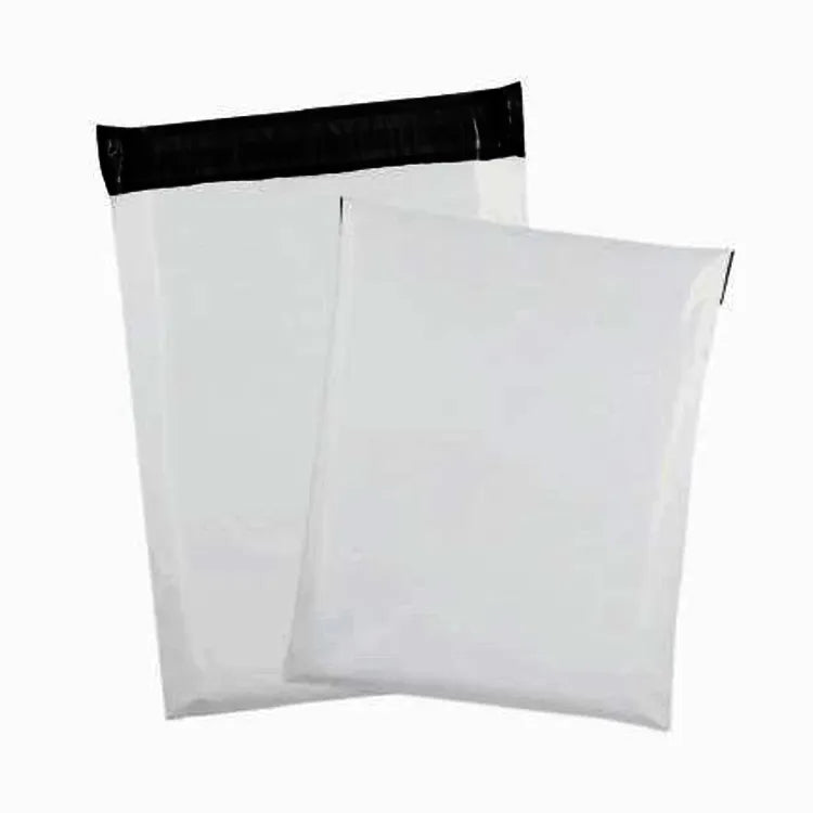 Two white plastic mailer bags with black adhesive closure flaps