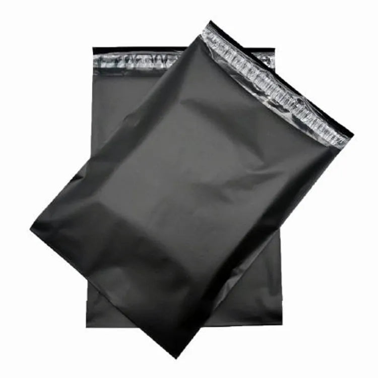 Two plain black plastic mailer bags with open adhesive closure flaps