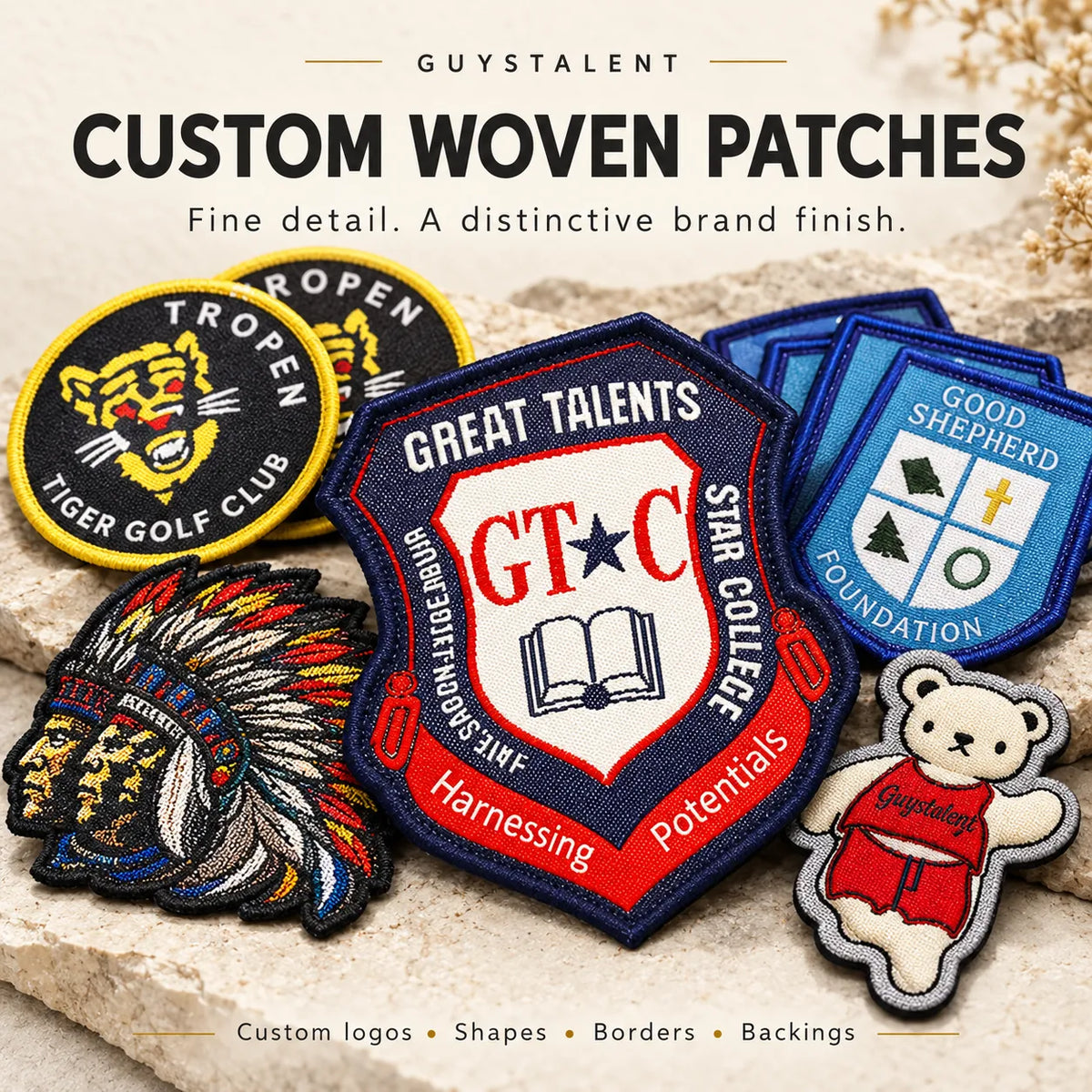 English custom woven patches overview with a collection of crest and shaped badge examples