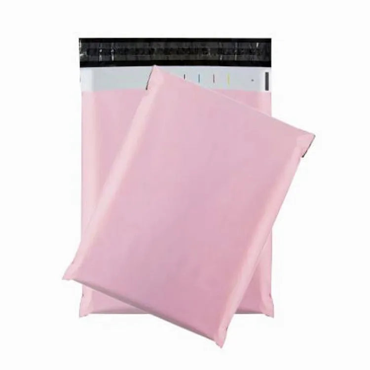 Two pink plastic mailer bags with black adhesive closure flaps