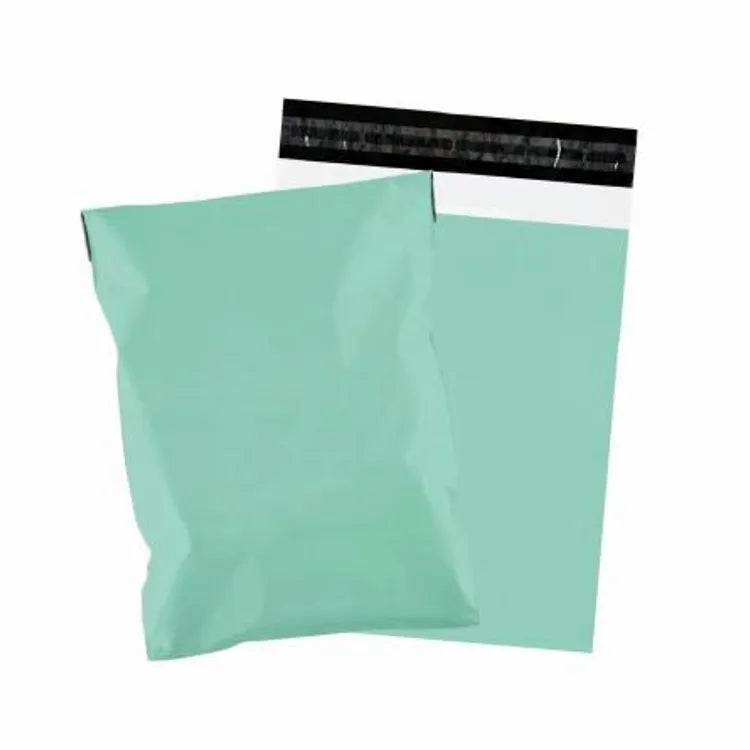 Two mint-green plastic mailer bags with black closure flaps