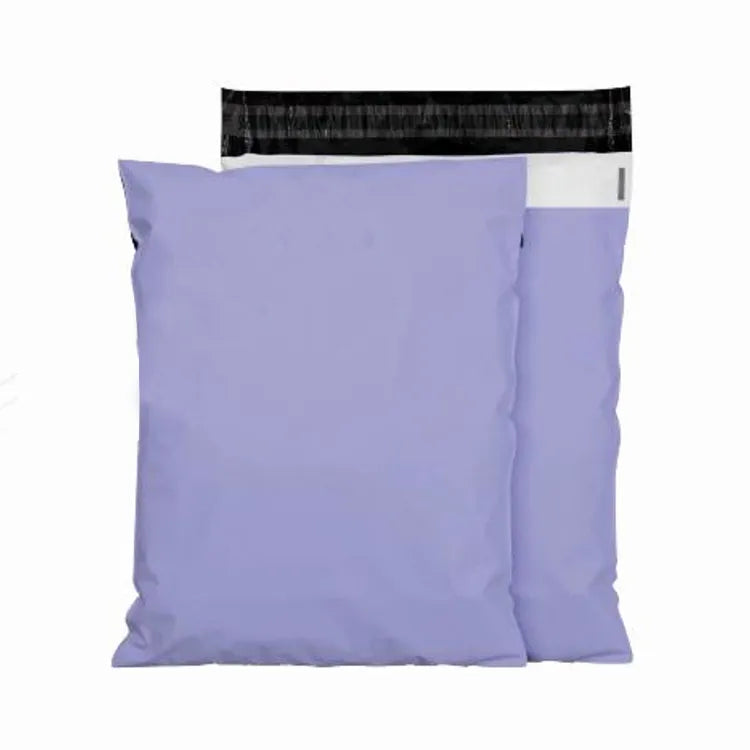 Lavender plastic mailing bag with a black adhesive flap and a small white label