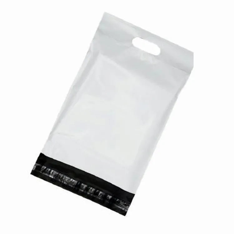 White plastic mailer bag with a die-cut handle and an open black adhesive closure flap