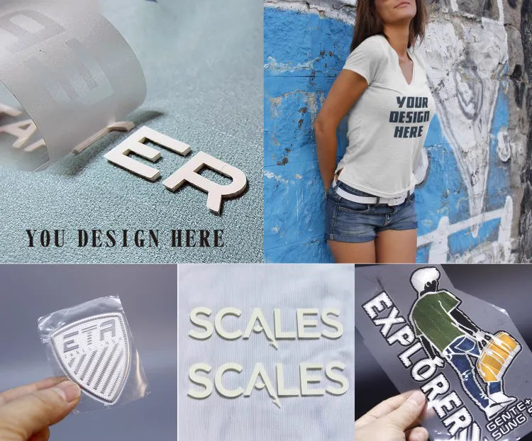Custom heat transfer label application showcase including 3D raised silicone, metallic badge, and full color apparel prints