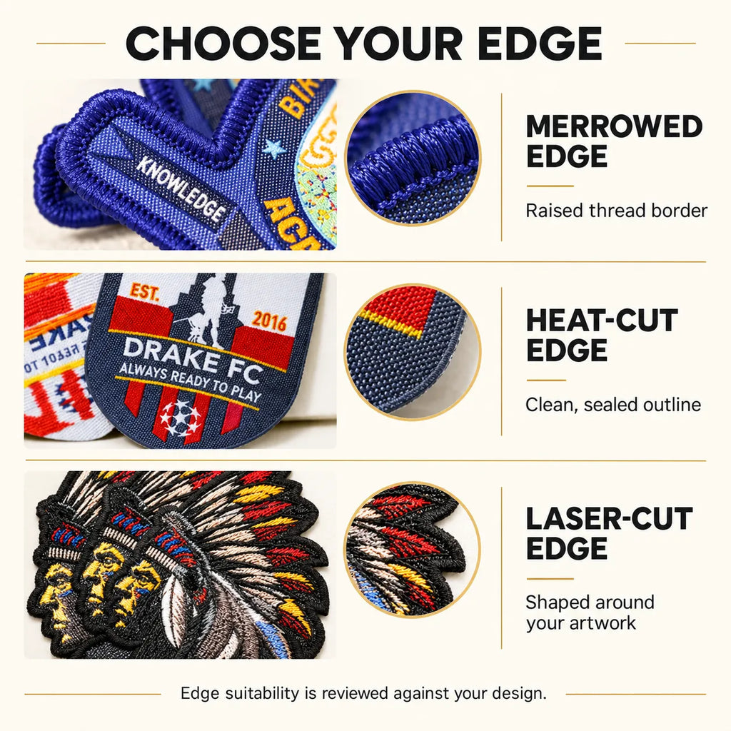 English comparison of merrowed, heat-cut and laser-cut patch edges