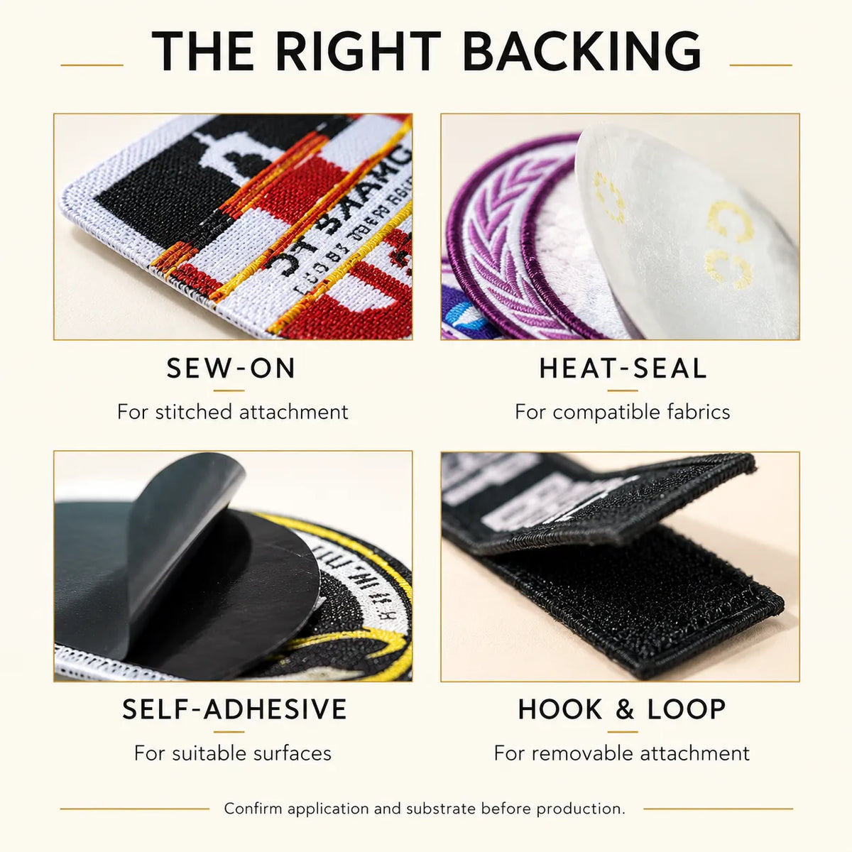 English comparison of sew-on, heat-seal, self-adhesive and hook-and-loop backing options