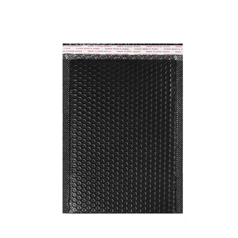Black bubble mailing envelope with a peel-and-seal strip and a raised bubble pattern