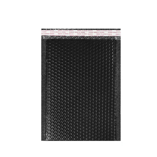 Black bubble mailing envelope with a peel-and-seal strip and a raised bubble pattern
