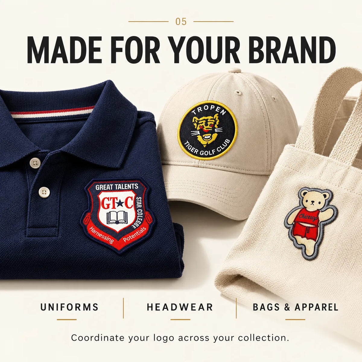 Woven patch application examples on a navy polo, cream cap and canvas tote