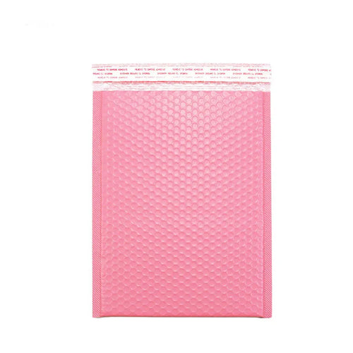 Pink bubble mailing envelope with a pale peel-off adhesive strip