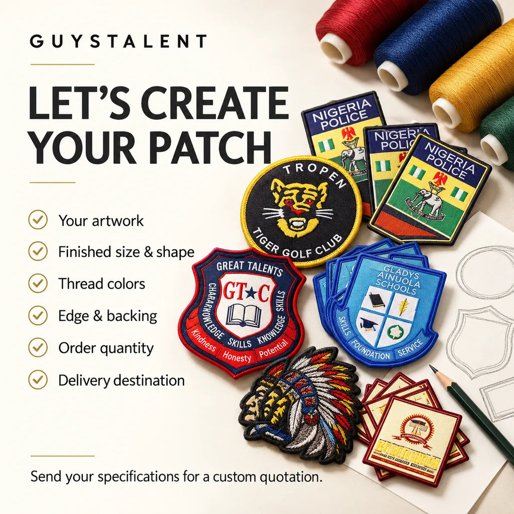English custom patch enquiry checklist with artwork, size, colors, edge, backing, quantity and destination