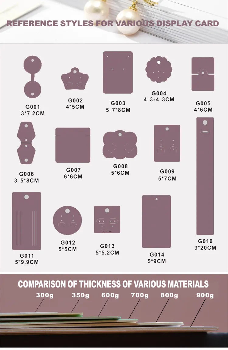 Technical die-cut shape library from G001 to G014 with cardstock thickness comparison from 300g to 900g