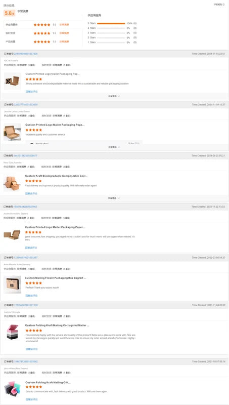 Customer review screenshot showing star ratings, written feedback and thumbnails of custom packaging boxes