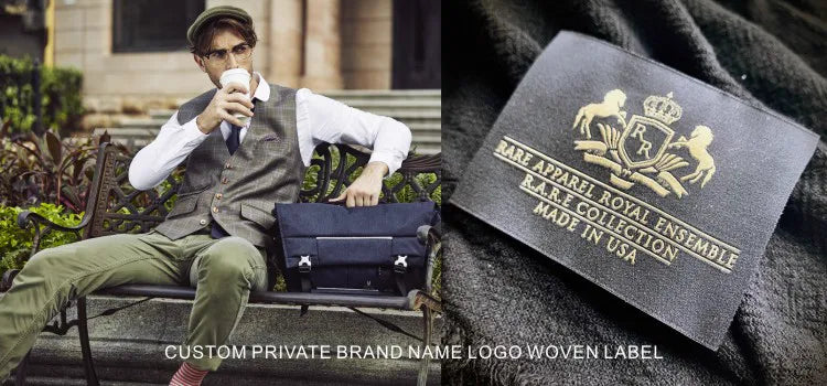 Fashion clothing application scene showing a man in a suit and a black custom woven brand label
