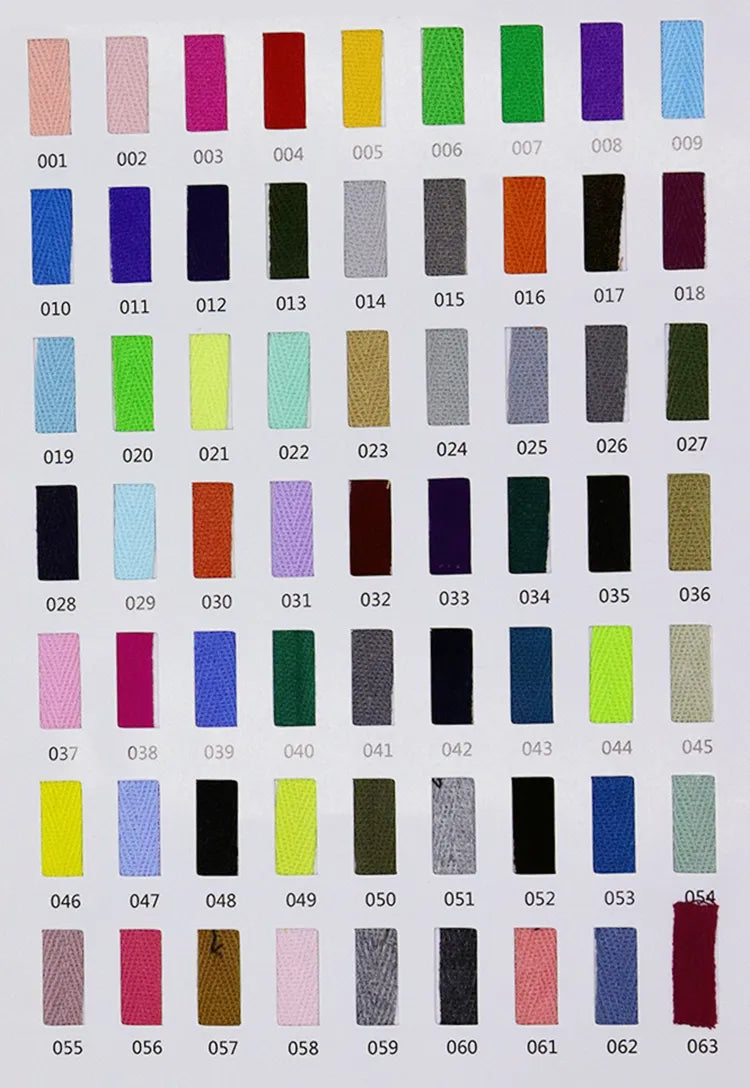 Cotton tape color swatch chart with 63 numbered herringbone webbing samples from 001 to 063