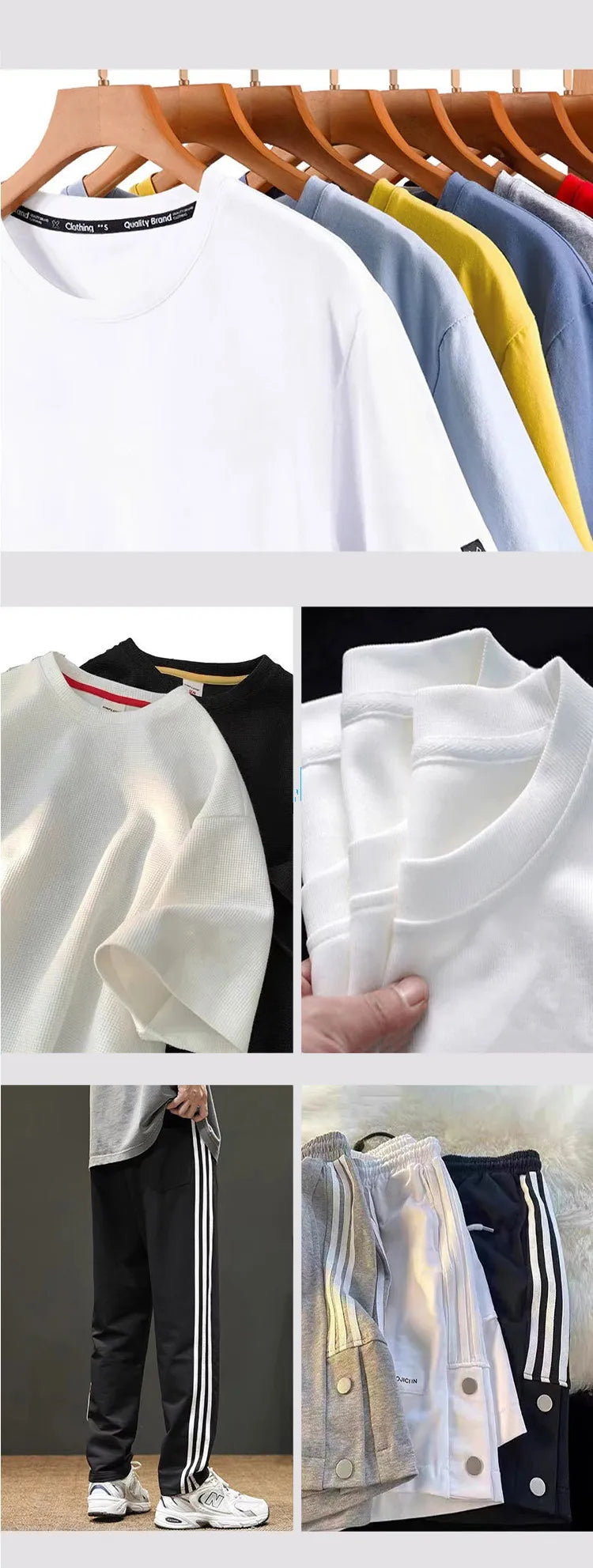 Garment trim application collage showing T-shirt neck tape, collar details and striped trouser side seams