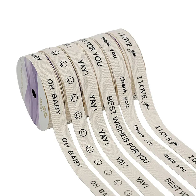 Personalized natural cotton ribbon rolls printed with custom greeting text and graphics