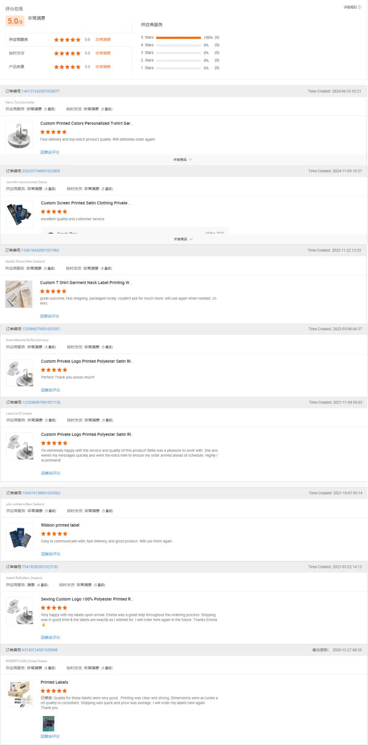 Customer review screenshot showing star ratings and written order feedback