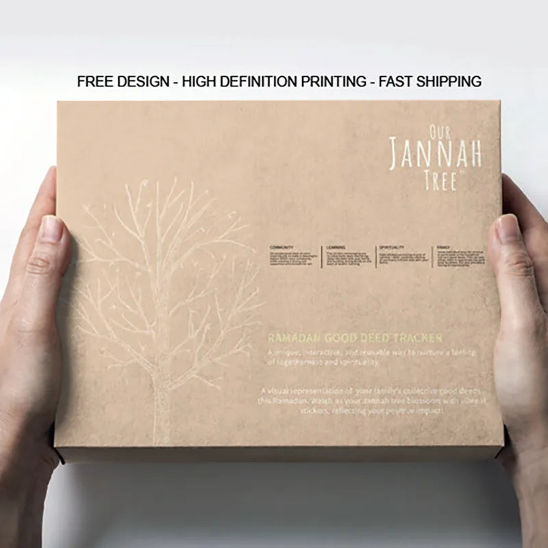 Hands holding a brown kraft box printed with a pale tree illustration and brand lettering