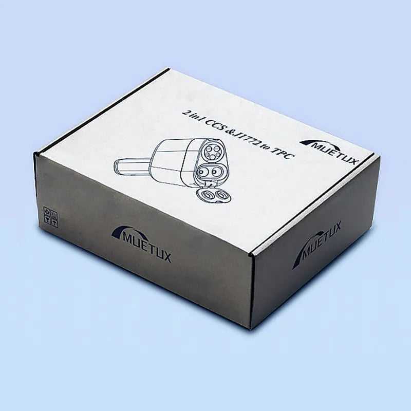 White printed mailer box with black branding and a line drawing of an electric vehicle charging connector
