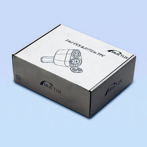 White printed mailer box with black branding and a line drawing of an electric vehicle charging connector