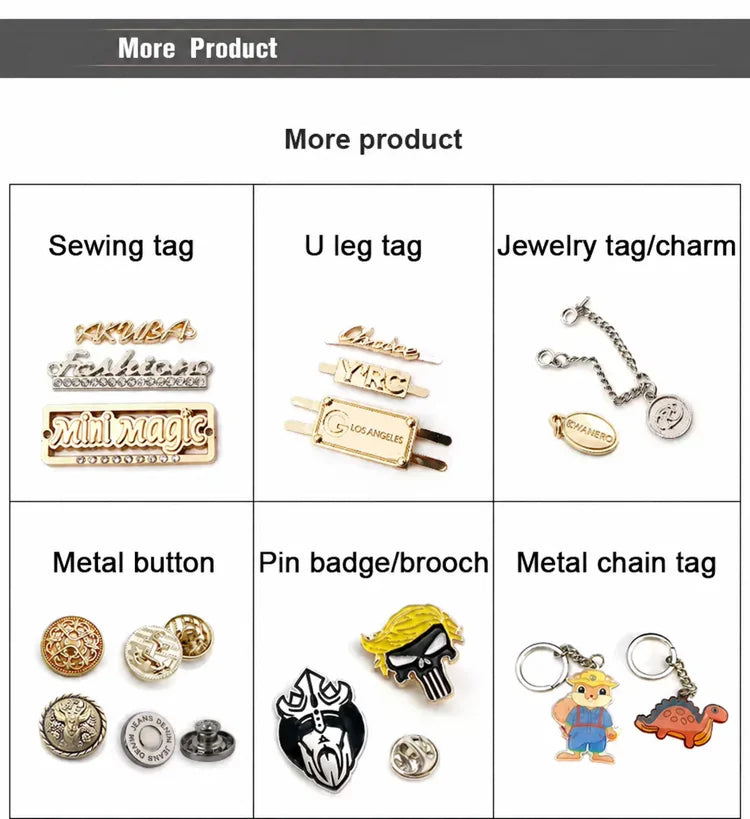 Product catalog chart showing sewing tags, U leg tags, jewelry charms, metal buttons, and pin badges