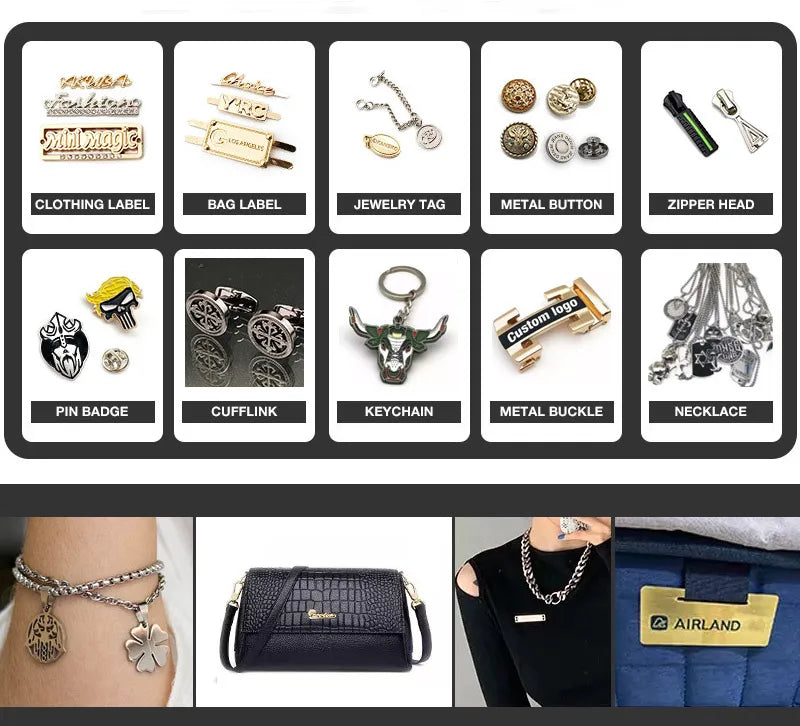 Metal hardware catalog showcasing clothing labels, bag tags, cufflinks, keychains, and buckles