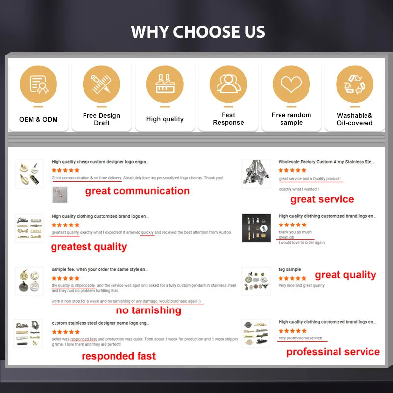Why choose us infographic highlighting custom OEM manufacturing services and positive customer reviews