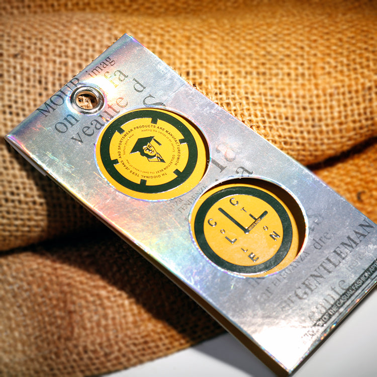 Custom Holographic Metal Hang Tag – Iridescent Film with Embossed Text & Die-Cut Medallion