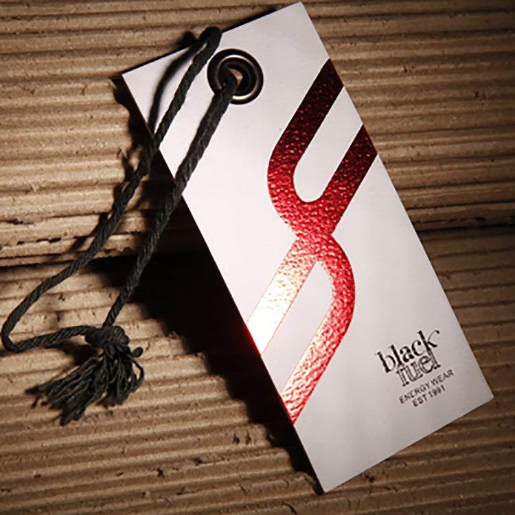 Custom Red Foil Tassel Hang Tag – Leather-Texture Foil & Black Twisted Cord