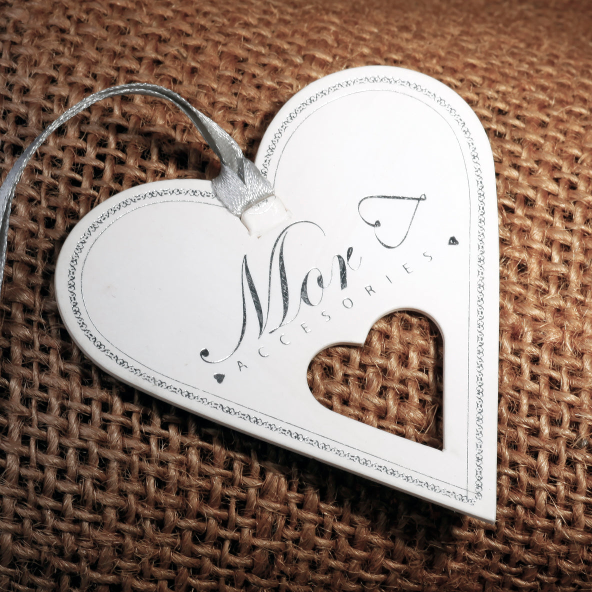Custom Heart Die-Cut Hang Tag – Silver Foil Script & Satin Ribbon