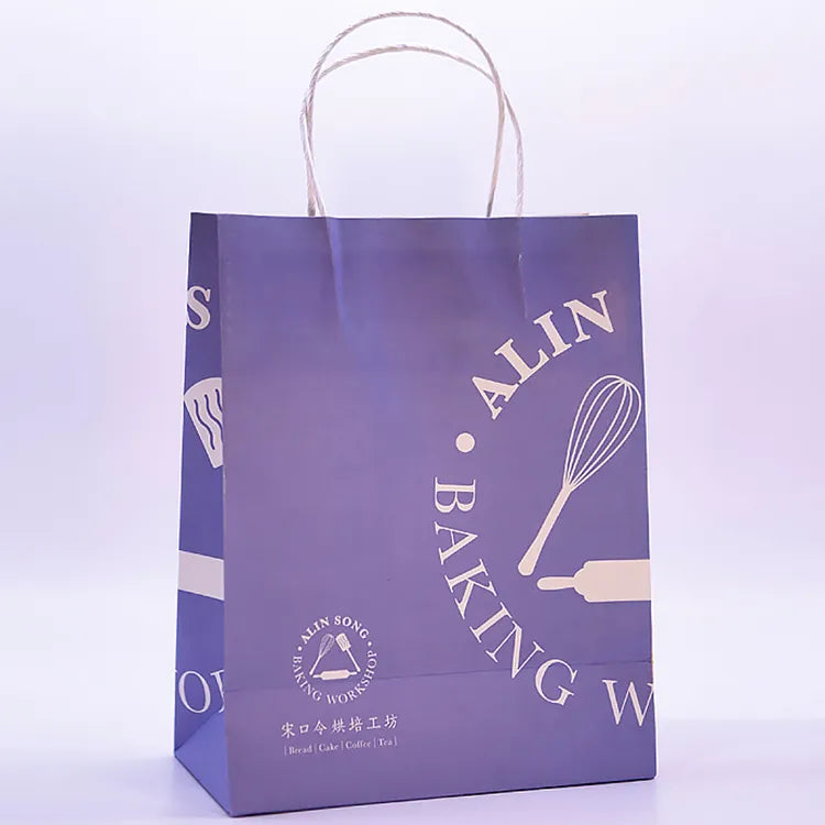 Purple paper shopping bag with light cord handles and curved printed lettering