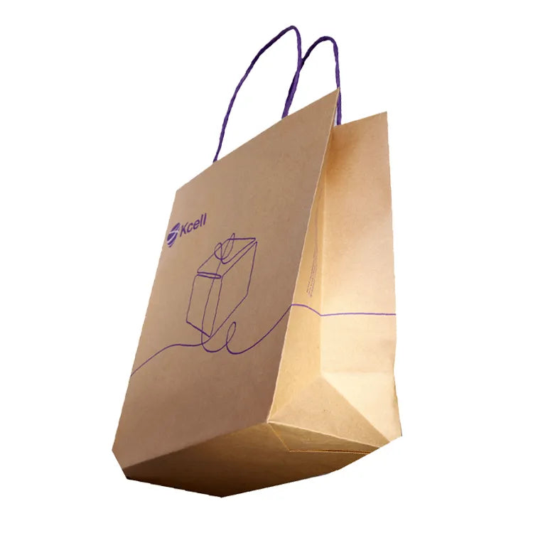 Brown paper shopping bag with purple cord handles shown at an angle