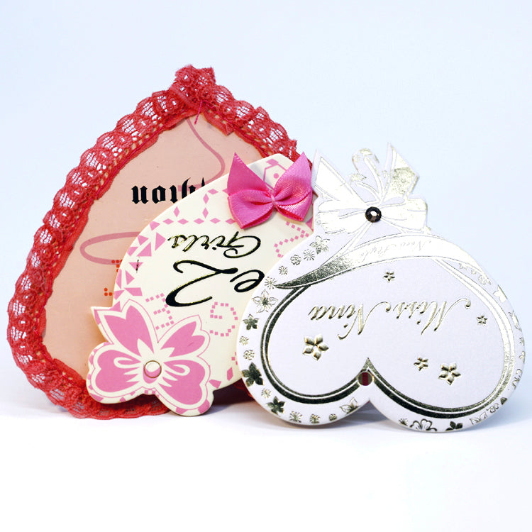 Custom Heart Die-Cut Hang Tag – Silver Foil Script & Satin Ribbon