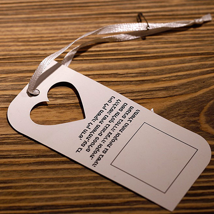 Custom Heart Die-Cut Hang Tag – Silver Foil Script & Satin Ribbon