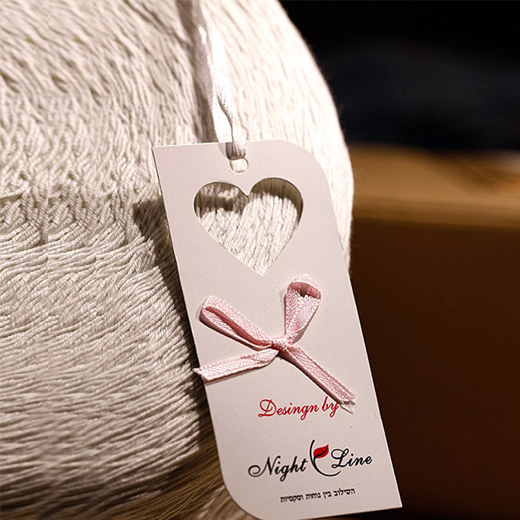 Custom Heart Die-Cut Hang Tag – Silver Foil Script & Satin Ribbon