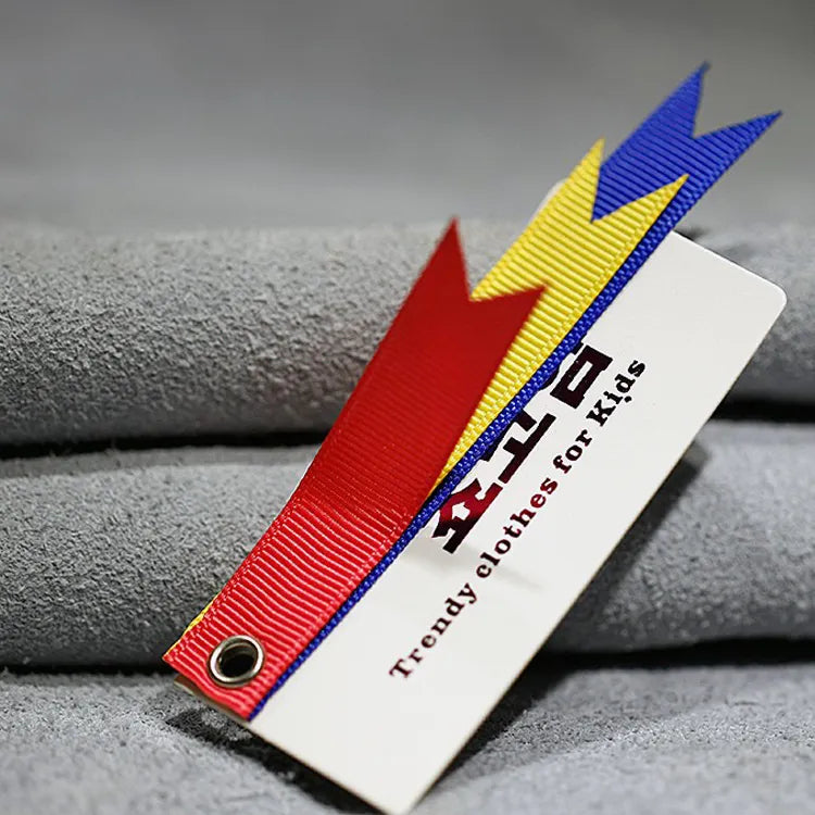 Colorful lightning-shaped hang tag with white printed information panel