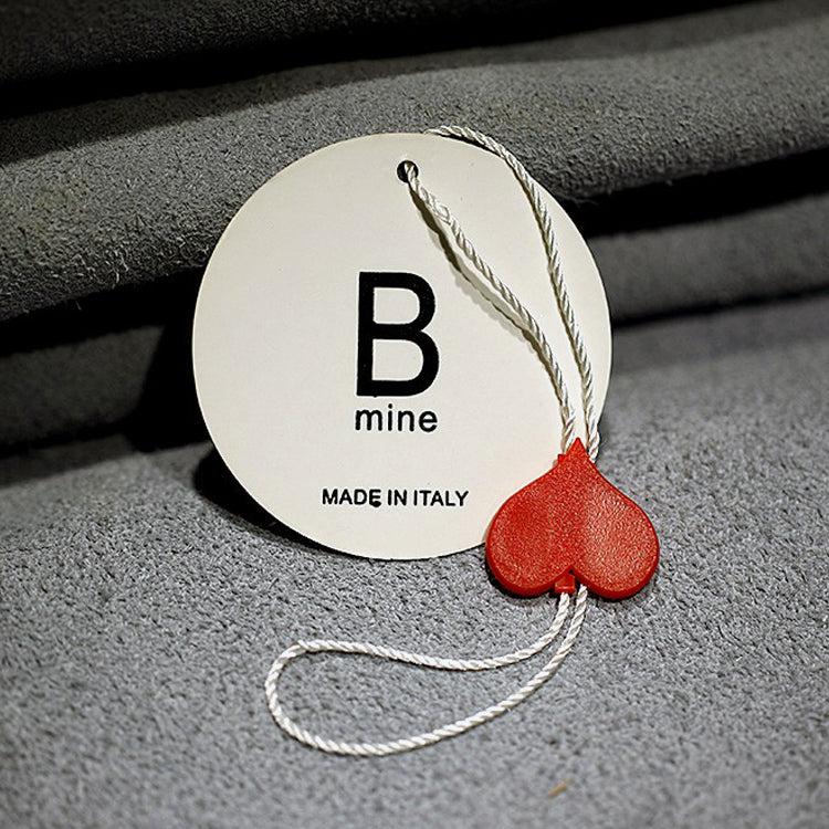 Custom Heart Die-Cut Hang Tag – Silver Foil Script & Satin Ribbon
