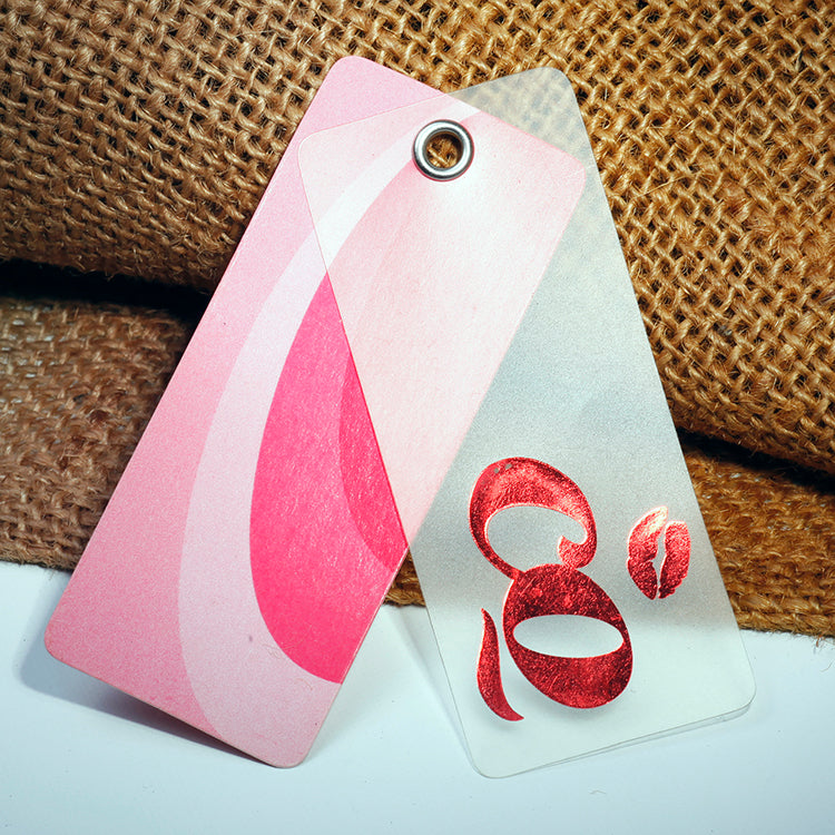 Custom Rose Gold Foil Gradient Hang Tag - Blush pink gradient pearlescent card with red foil stamped script