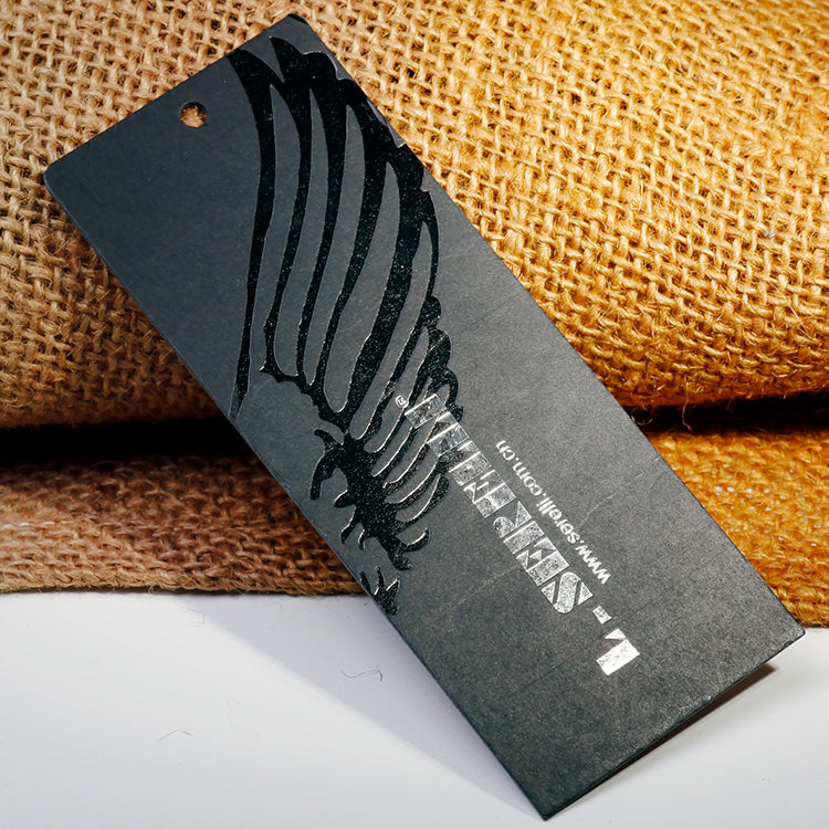 Custom Letterpress Denim Hang Tag - Navy blue cotton fiber card with letterpress logo print, front and back