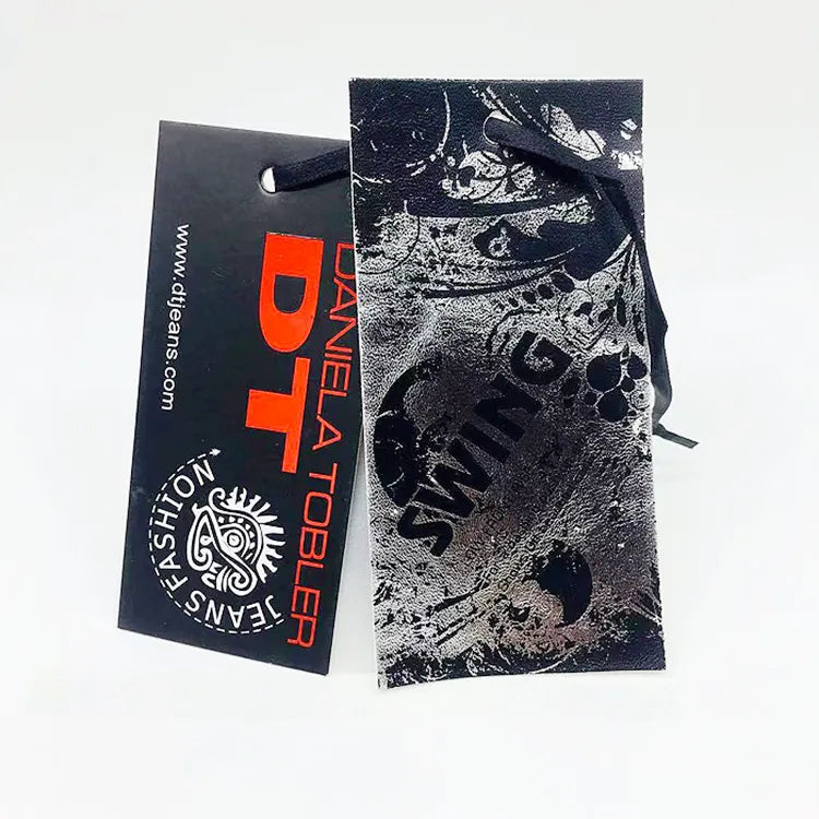 Black and white graphic hang tags with red printed lettering