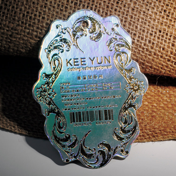 Custom Holographic Metal Hang Tag – Iridescent Film with Embossed Text & Die-Cut Medallion