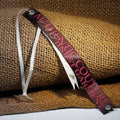 Custom Woven Ribbon Hang Tag - Dark brown woven fabric tag with pink lettering, silver grommet and white satin ribbon